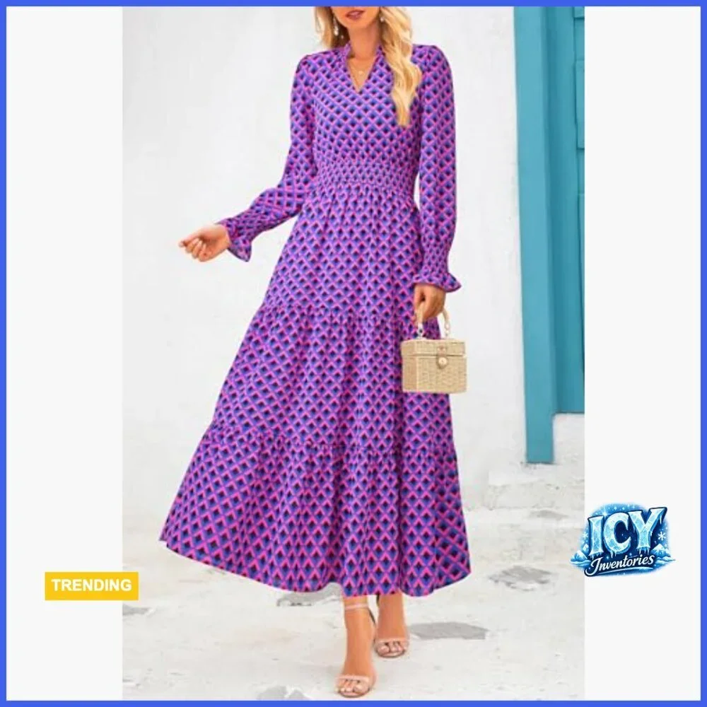 Long Sleeve Maxi Dress with Pockets, V Neck, Flowy Boho Style